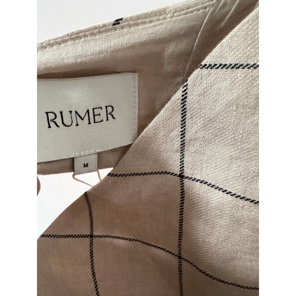 Rumer Brand Taupe 100% Linen Windowpane Check Maxi Dress Spaghetti Strap Size M - Picture 6 of 7